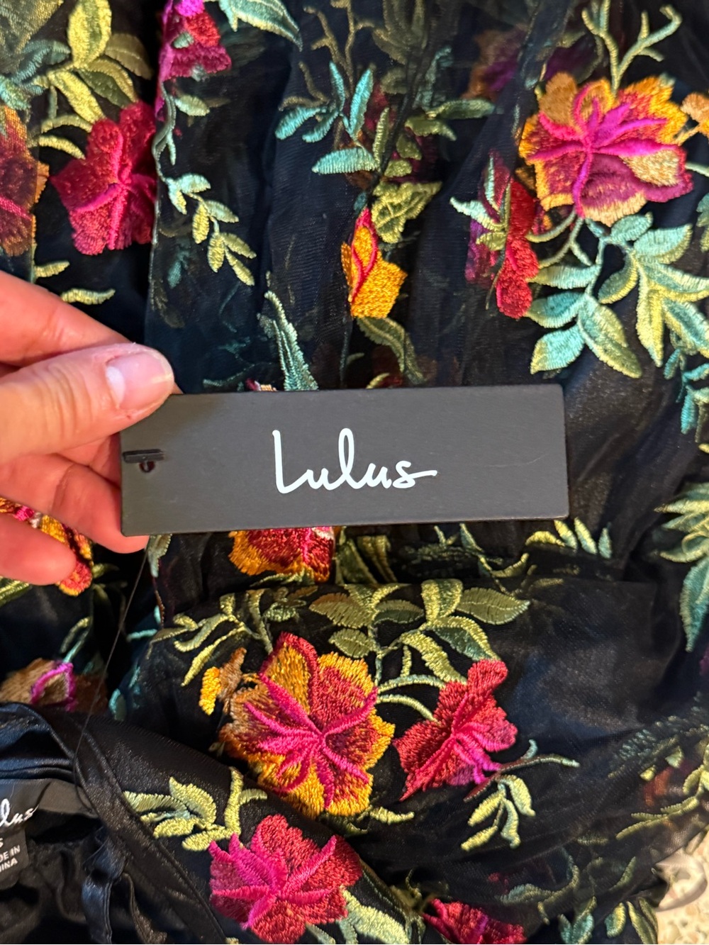 Lulu's Black Floral Embroidered Dress with Pink, Yellow & Green Accents